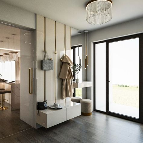 very airy and pleasant luxury entrance hall with a mirror, storage space and a hanger Entrance Hall Divider, Hanger Entrance Hall, Luxury Entrance Hall, Entryway Coat Hanger, Jacket Storage, Luxury Entrance, Mirror Storage, Garden Entrance, Entrance Design