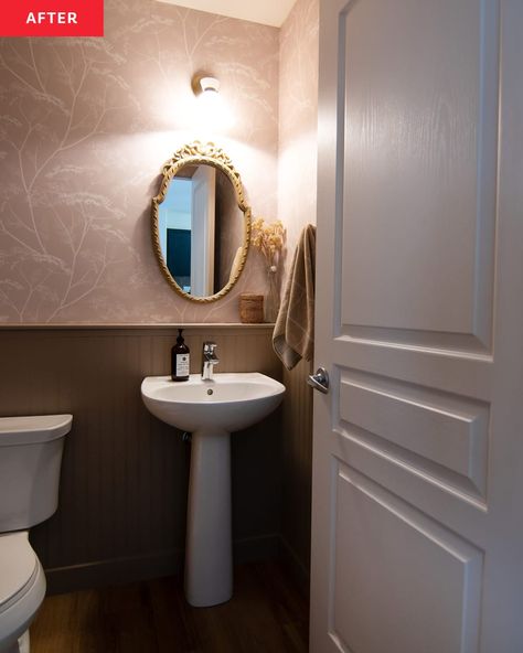 After: View into bathroom from doorway Luxe Powder Room, Powder Room Redo, Ikea Billy Hack, Beadboard Wainscoting, House Front Porch, Ikea Billy, Pedestal Sink, Botanical Wallpaper, Room Redo