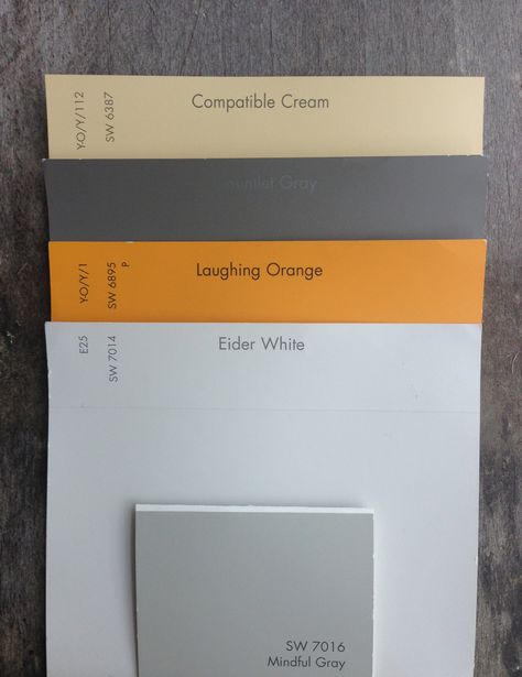 Updated Color Palette (on pallet wood). All Sherwin Williams. Top to bottom: -Compatible Cream, SW6387, for all bathroom walls, bathroom doors/jamb, and corridor leading to bathroom -Gauntlet Gray, SW7019, for exposed ceiling -Laughing Orange, SW6895, for elevator doors and jamb -Eider White, SW7014, for lobby walls and door/jamb to stairwell. Mindful Gray, SW7016, for suite doors/jambs and kitchen lower cabinets. Walls flat paint. Doors, trim, cabinets semi-gloss. No VOC Paint. Gray And Orange Bathroom, Orange Bathrooms, Trendy Kitchen Colors, Paint For Kitchen Walls, Orange Kitchen, Painted Kitchen Cabinets Colors, Room Wall Colors, Orange Interior, Bedroom Orange