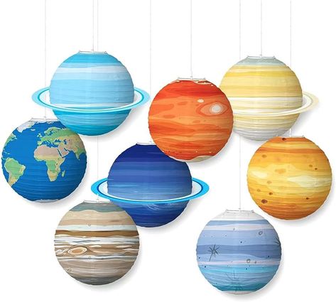 Planets Hanging From Ceiling, Biophilic Decor, Outer Space Party Decorations, Space Vbs, Planets Design, Classroom Ceiling, Diy Solar System, Planet Party, Space Party Decorations