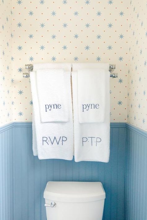 Towel Rack Above Toilet, Baby Boy Bathroom, Serendipity Wallpaper, Double Towel Rack, Transitional Bathroom Design, Boy Bathroom, Above Toilet, Sister Parish, Blue Headboard