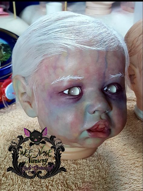 Zombie baby WIP, alternative reborn,  creepy doll, horror reborn, rooted hair, zombaby, by Wee Nixie Nursery Toddler Zombie Makeup, Scary Baby Dolls, Spooky Dolls, Zombie Baby, Doll Horror, Creepy Baby Dolls, Horror Dolls, Fantasy Dolls, Repainted Dolls