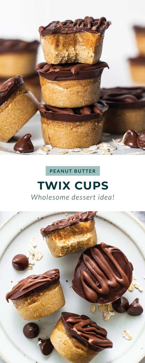 Peanut butter Twix cups are a fun, homemade treat made with 3 layers of wholesome ingredients - a cookie layer, caramel layer, and chocolate layer. Hungry Happens Twix Cups, Peanut Butter Twix Recipe, Individual Layered Desserts, Healthy Twix Cups, Twix Cups, Healthy Twix Bars, Twix Recipe, Peanut Butter Delight, Twix Bites