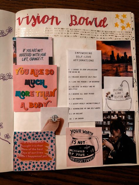 Vision Board in Bullet Journal Drawn Vision Board, Vision Board Project, Bullet Journal Ideas Templates, Self Love Affirmations, Negative Self Talk, Love Affirmations, Self Talk, Journal Ideas, Self Love