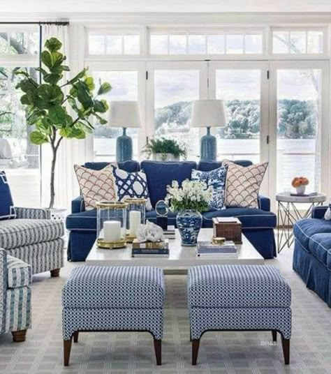 Blue White Living Room Modern, Upholstered Stools Living Room, Southern Coastal Interior Design, Blue Chinoiserie Living Room, High End Coastal Interiors, Coastal Living Rooms Paintings & Prints, Blue Family Room Ideas, Blue And White Interior Design, Blue Living Rooms