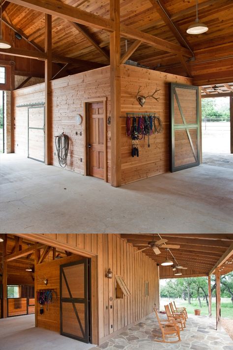 An extra storage room for feed and tack on the interior, and a covered porch perfect for relaxing in the rocking chairs after hitting the trail. #horsebarn #tackroom #rockingchairs #horsestall #horses #equine Horse Tack Rooms Western, Tack And Feed Room Ideas, Tack Room Western, Barn Tack Room Ideas, Horse Tack Room Ideas, Barn Stall Ideas, Small Horse Barn Ideas Layout, Small Horse Stable, Western Tack Room