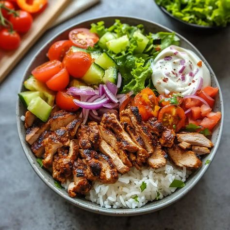 Make a tasty & healthy Chicken Shawarma Bowl at home! This recipe includes juicy chicken, fresh veggies, and a perfect sauce for a balanced and flavorful meal Healthy Chicken Shawarma, Chicken Shawarma Bowl, Rice Noodle Dishes, Shawarma Bowl, Making Chicken, Bowl Meals, Chicken Fresh, I Am Hungry, Mediterranean Spices