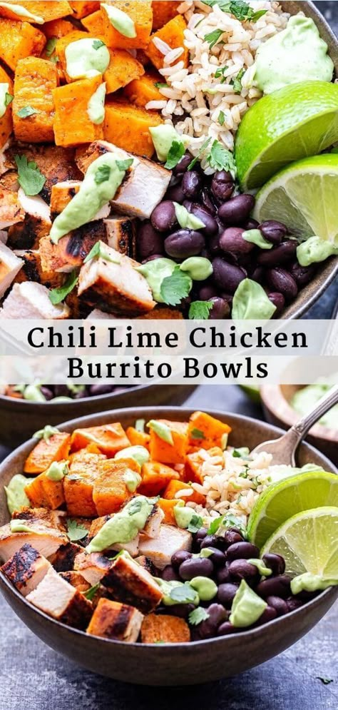 Chili Lime Chicken Burrito Bowls are loaded with juicy marinated chicken, roasted sweet potatoes, black beans, rice and topped with a creamy avocado sauce! Healthy, filling and perfect for meal prep too. #chicken #burritobowls #sweetpotatoes #burritos #healthydinner #mealprep #glutenfree #healthyrecipes #avocado Black Beans Rice, Burrito Bowl Meal Prep, Chicken Burrito Bowls, Chili Lime Chicken, Sweet Potato Bowls, Burrito Bowls Recipe, Chicken Roasted, Creamy Avocado Sauce, Healthy Bowls Recipes