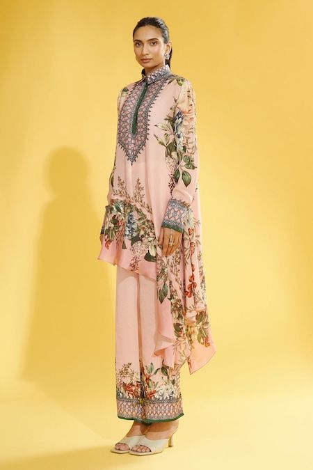 Buy Peach Silk Printed Floral Shirt Collar Bijili Asymmetric Tunic For Women by Rajdeep Ranawat Online at Aza Fashions. Rajdeep Ranawat, Beaded Sleeves, Floral Silk Shirt, Asymmetric Tunic, Tunics Online, Tunic Pattern, Print Layout, Floral Print Shirt, Long Tunic