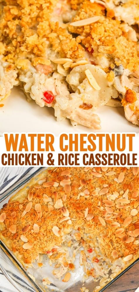 Water Chestnut Chicken and Rice Casserole is a hearty chicken casserole loaded with shredded rotisserie chicken, water chestnuts, almonds, pimentos and instant rice all topped with a buttery Ritz cracker crumb topping. Chicken And Wild Rice Casserole With Pimentos, Chicken And Rice Casserole With Slivered Almonds, Chicken Broccoli Water Chestnut Casserole, Chicken Water Chestnut Casserole Recipes, Water Chestnut Chicken Casserole, Chicken Casserole Water Chestnuts Rice, Chicken Water Chestnuts Casserole, Rocky Top Casserole, Chicken Water Chestnut Casserole