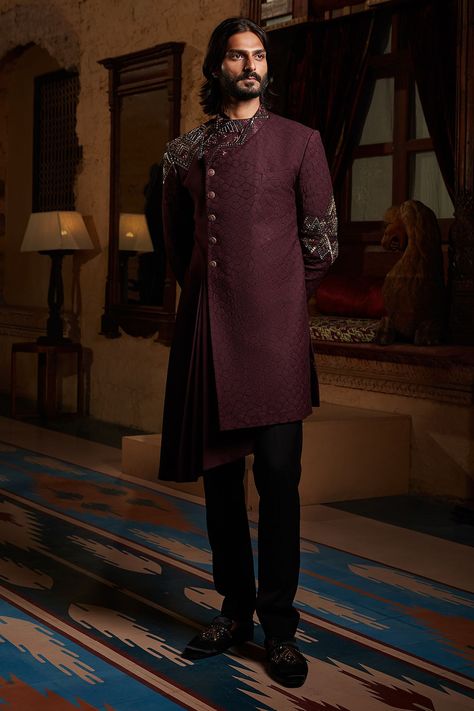 Buy Red Wine Cutdana Italian IndoWestern Sherwani Online | Samyakk Indo Western Men, Indowestern Outfits For Men, Indo Western Outfits For Men, Outfits For Groom, Suit For Men Wedding, Indowestern Sherwani, Wedding Clothes For Men, Indo Western Sherwani, Indian Wedding Clothes