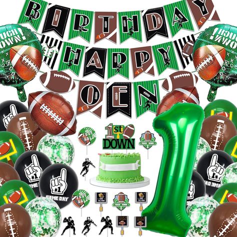 PRICES MAY VARY. FOOTBALL BIRTHDAY PARTY DECORATIONS: Include 1 x HAPPY BIRTHDAY banner, 1 x one football banner, 1 x 1ST DOWN cake topper, 12 x football cupcake topper, 1 x green number, 20 x latex balloons, 4 x football foil balloons. UNIQUE DESIGN: Our birthday set is designed to celebrate boy's first birthday. Want to add more atmosphere to your football themed baby shower or birthday party? Our football happy birthday party set will be your best choice! Includes a variety of football elemen First Year Down Football Birthday Backdrop, First Bday Football Theme, 1st Year Down Football Birthday Balloons, My First Touchdown Birthday, First Birthday Football Theme Baby Boy, Football Cake Toppers, Football Balloons, Football First Birthday, Football Party Decorations