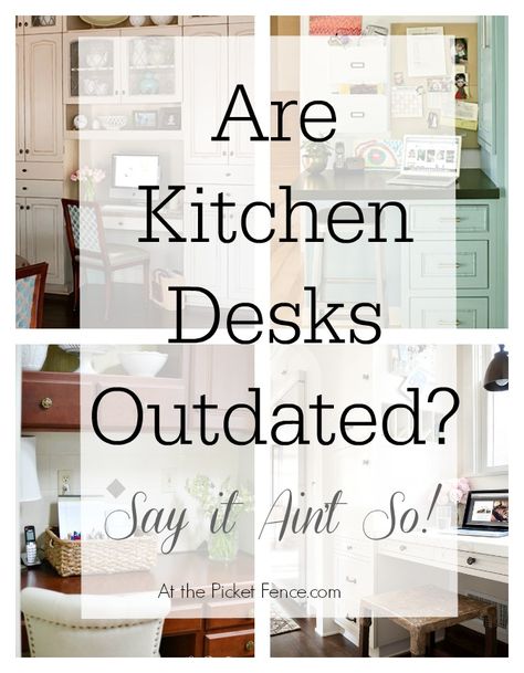 What do you think? Are kitchen desks outdated? atthepicketfence.com Kitchen Table Desk Ideas, Desks In Kitchen Ideas, Kitchens With Desks, Kitchen Counter Desk Area, Kitchens With Desk Area, Desk Area In Kitchen Ideas, Repurposed Kitchen Desk Area, What To Do With Desk Area In Kitchen, Old Desk In Kitchen