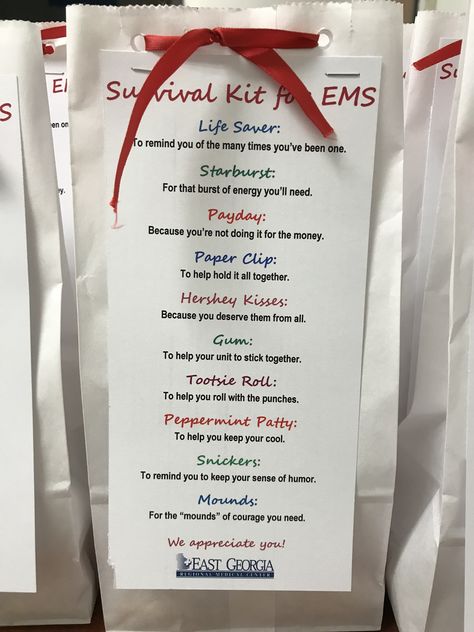 Goody bags for EMS First Responder Appreciation Bags, Employee Appreciation Goody Bags, Ems Week Gift Ideas Diy, Ems Gift Ideas, First Responders Appreciation Gifts, Paramedic Gift Ideas, Ems Appreciation Week Gift Ideas, Ems Week Ideas, Emt Gift Ideas