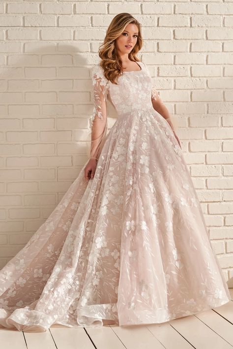 Modest Mon Cheri Wedding Dress, Beautiful Modest Wedding Dresses, Wedding Dresses Modest, Tulle Balls, Exquisite Gowns, Pretty Wedding Dresses, Sequin Appliques, Tulle Ball Gown, Modest Wedding