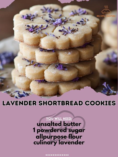 🌸 Elevate your cookie game with these delicate Lavender Shortbread Cookies! 🍪✨ Lavender Shortbread Cookies Ingredients: - 1 cup unsalted butter (softened) - 1/2 cup powdered sugar - 2 cups all-purpose flour - 1 tbsp dried culinary lavender - 1/4 tsp salt Instructions: 1. Preheat oven to 350°F. 2. Cream butter and powdered sugar. 3. Mix in flour, lavender, and salt. 4. Roll dough, cut shapes, and bake for 12-15 mins. 5. Cool and enjoy the floral delight! 🌿 #LavenderCookies #BakingMagic #Delica... Cookies Lavender, Lavender Shortbread Cookies, Lavender Shortbread, Lavender Cookies, Culinary Lavender, Cookie Games, Cream Butter, Cookies Ingredients, Shortbread Cookies