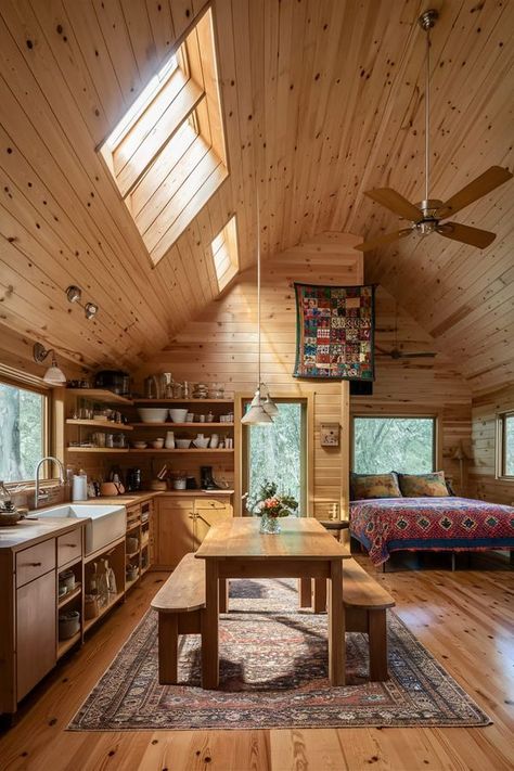 Tiny Houses and Affordable Homes | A space for a hot cup of coffee with good memories | Facebook Loft Cabin Interior, Wood House Inside, Wood Home Interior Design, Barndominium Ideas Cottage, Tiny Cabin Aesthetic, Swedish Home Interior, Midcentury House Interior, Tiny Home On Land, Feminine Cabin Decor