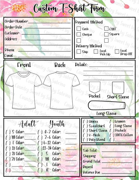 This listing is for a DIGITAL file ONLY. This is a JPG file for ready to print Custom T-Shirt Order Form that you may print home as needed and as much as you want! These forms are perfect to help you get your custom orders written down properly, and keep them organized. File has been saved as a JPG in a standard letter format (8.5in x 11in). Depending on the program you use, resizing may be required. **THIS FILE IS AN INSTANT DOWNLOAD. NOTHING WILL BE MAILED TO YOU.** You may download the file i Craft Order Form Template Free, Shirt Order Form Template Free Printable, Tshirt Order Form Template Free, Order Forms For Craft Business, Tshirt Business Organization, Tshirt Marketing, T Shirt Order Form Template, T Shirt Order Form, Cricut Learning