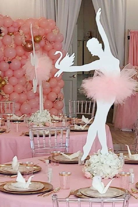 Ballerina Table Centerpieces, Ballet Centerpieces Ideas, Ballerina Centerpiece Ideas, Ballet Decorations Party, Ballet Themed Birthday Party, Lake Birthday Party Ideas, Ballet Party Ideas, Swan Lake Birthday Party, Ballerina Party Centerpiece