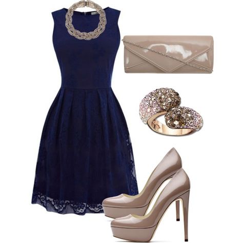 "navy and nude" by arj929 on Polyvore Wwe Backstage, Blue Dress Outfits, Blue Cocktail Dress, Navy Blue Dress, Looks Chic, Guest Outfit, Chic Dress, A Dress, Blue Dress