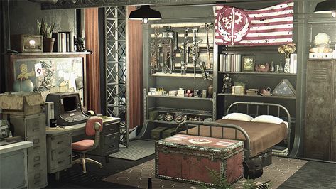 This bedroom shows the futuristic room that is in a post nuclear apocalypse. The room is very brown and rustic. Their is a mix of future technology but there is also a lot of rusted pieces of the past. Apocalyptic Room, Apocalypse House, Fallout Settlement, Futuristic Room, Fallout 4 Settlement Ideas, 60s Interior, Interior Brick, Flat Decor, Video Game Room Design