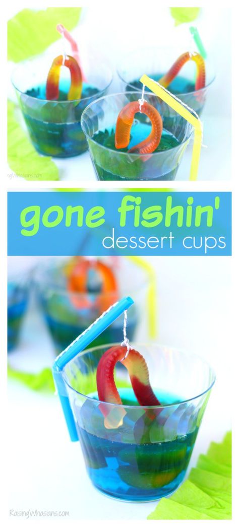 Gone Fishing Party Jello Dessert Jello Dessert Cups, Fishing Themed Party, Gone Fishing Party, Kids Cooking Party, Summer Ideas For Kids, Fishing Theme Party, Jello Cups, Fishing Baby, Jello Dessert