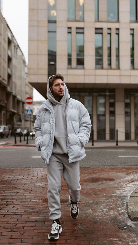 Hoodie And Puffer Jacket Outfit Men, Men’s Tracksuit Outfit, Mens Tracksuit Outfit, Men Sweatsuit Outfit, Men’s Sweats Outfit, Athleisure Fashion Men, Mens Sweatsuit Outfits, Comfy Outfits Men, Sweatsuits Men