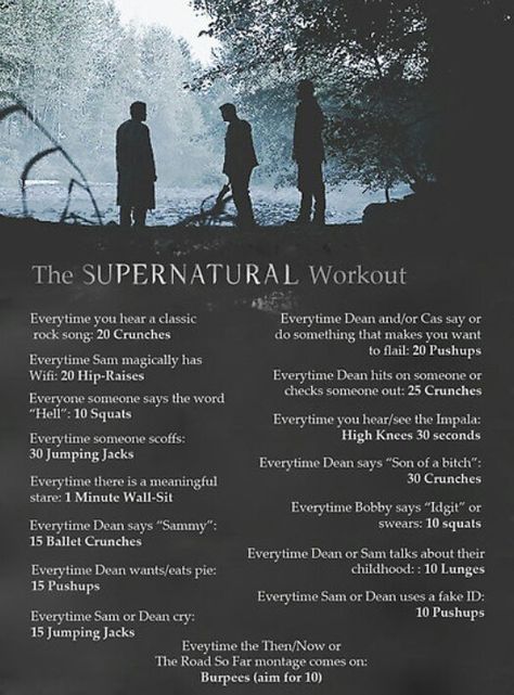 Supernatural Workout Supernatural Workout, Tv Workout, Tv Show Workouts, Movie Workouts, Tv Workouts, Impala 67, Full Workout, Lifestyle Change, Supernatural Memes