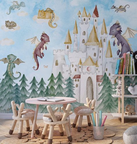 Kids Room Wallpaper Dragons Guarding the Castle is the perfect wallpaper for your nursery or kids' room. It features a colorful, fairy-tale scene of dragons guarding a castle atop a hill. The wallpaper is made with a peel and stick adhesive, so it's easy to install and remove. Plus, it's durable and washable, so it can stand up to wear and tear. It's perfect for creating a magical atmosphere in any room.      An offer of personalized wallpaper, beautifully made exactly to the size of your wall.  Materials : We offer a peel-and-stick material, a very easy-to-stick premium material that can be applied to both smooth and uneven walls. This premium material can be used many times - stickers are repositionable! The premium material will be perfect for uneven, textured walls that require slipper Kids Room Wall Murals, Dragon Nursery, Kindergarten Wallpaper, Playroom Wallpaper, Fairy Castle, Murals For Kids, Princess Wallpaper, Castle Wall, Kids Room Wallpaper