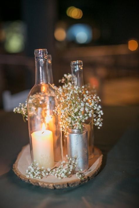 Glass Bottle Centerpieces, Blue Charger, Colored Bottles, Wine Bottle Centerpieces, Lighted Centerpieces, Wedding Wine Bottles, Bottle Centerpieces, Centerpieces Diy, Candle Wedding Centerpieces