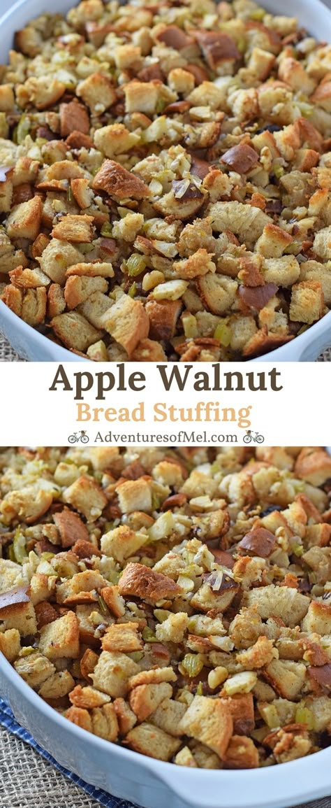 Apple Walnut Bread Stuffing, an easy, traditional, old-fashioned, homemade recipe. Simple ingredients in a delicious Thanksgiving side everyone will love! Apple Walnut Bread, Walnut Stuffing, Crispy Oven Fried Chicken, Bread Stuffing, Chimichurri Recipe, Apple Walnut, Walnut Bread, Holiday Side, Delicious Thanksgiving