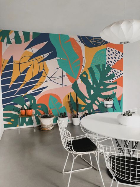 Tropical Floral Removable Vinyl Mural / Peel and Stick | Etsy Australia Jungle Mural Wallpaper, Tropical Leaf Mural, Mural Wall Art Exterior, Tropical Mural Painting Outdoor, Modern Floral Mural, Tropical Mural Wallpaper, Easy Wall Murals Floral, Tropical Wall Murals Painted, Colorful Mural Ideas