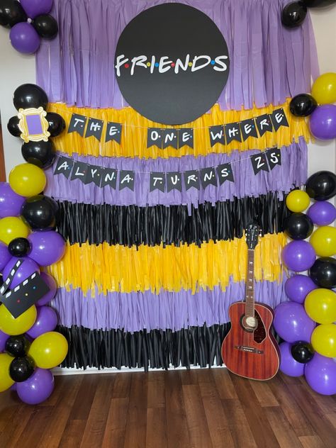 Friends theme balloon wall/arch. Black, prurple, yellow combination color scheme. Yellow Combination Color, Yellow Combination, Wall Arch, Combination Color, It S My Birthday, The One Where, Balloon Wall, My Birthday, Color Scheme