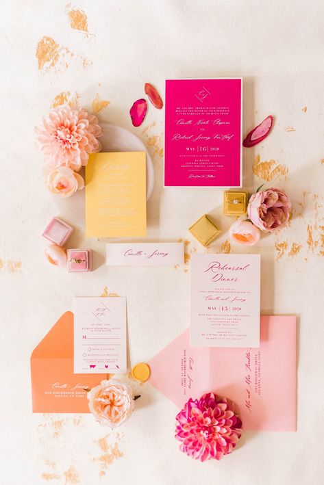 Get inspired by this modern and bright wedding invitation suite. Mix shades of hot pink, yellow, and orange with an elegant script for chic and fun design. The invitation suite includes menu and place card designs for a cohesive display. Find more modern wedding invitation inspiration at brownfoxcreative.com. Modern Bright Wedding, Pink And Yellow Wedding, Bright Wedding Invitations, Orange And Pink Wedding, Yellow Wedding Invitations, Colorful Wedding Invitations, Hot Pink Weddings, Pink Wedding Theme, Bright Wedding