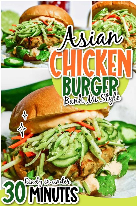 Three photo collage of Asian style chicken burgers with Banh Mi style toppings. Thai Chicken Burgers, Asian Chicken Burgers, Asian Chicken Burger Recipe, Spicy Mayo Sauce, Chicken Hoisin Sauce, Tangy Slaw, Oven Burgers, Ground Chicken Burgers, Asian Bbq