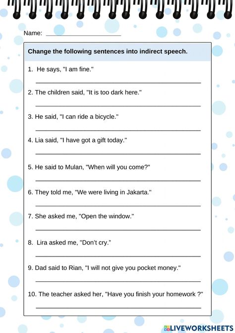 Direct and indirect speech task worksheet Direct And Indirect Speech Worksheets With Answers, Direct Indirect Speech Rules, Direct Indirect Speech Worksheet, Direct Speech Worksheets, Direct And Indirect Speech Worksheets, Indirect Speech Worksheets, Reported Speech Worksheets, Math Mental, Eng Grammar