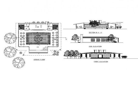 Canteen front and side elevation, section and ground floor plan details dwg file Canteen Plan Architecture, Workshop Architecture, Canteen Design, Restaurant Exterior Design, Restaurant Plan, Restaurant Exterior, Staff Room, Architecture Portfolio Design, Architecture Design Sketch