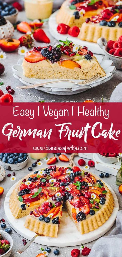 Sponge Flan Recipe, Fruit Custard Cake, Vegan Cake With Fruit, Vegan Fruit Tart Recipe, German Fruit Cake, Fruit Flan Cake, Sponge Fruit Cake, Vegan Fruit Dessert, German Fruit Cake Recipe