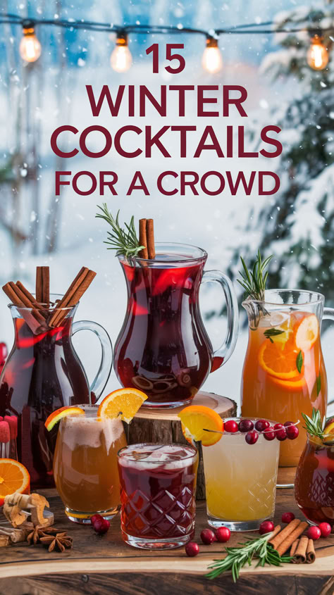 "Discover 15 Winter Cocktails for a Crowd that will elevate your holiday  gatherings! These festive drinks, perfect for Christmas and New Year's Eve,  include the best Christmas cocktails and unique homemade wine recipes. From  cozy cocktails for winter to refreshing alcoholic Christmas drinks, there's  something for everyone. Impress your guests with these holiday cocktail  recipes that are sure to be a hit at any celebration. Cheers to  unforgettable moments with Cocktails for a Crowd!" Boozy Drinks For A Crowd, Best Holiday Cocktail Recipes, Christmas Beverages Alcoholic Cocktails, Wine Christmas Drinks, New Years Eve Cocktails For A Crowd, Best Christmas Cocktails For A Crowd, Christmas Cocktail For A Crowd, Winter Big Batch Cocktails, Crockpot Drinks Christmas