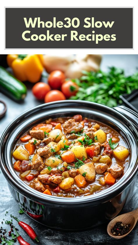 Image of a slow cooker filled with a hearty Whole30 stew, surrounded by fresh vegetables and spices, representing healthy and convenient Whole30 meal options. Healthy Paleo Crockpot Recipes, Gluten Dairy Free Slow Cooker Recipes, Whole 30 Diet Recipes, Whole 30 Crock Pot Meals, Whole 30 Freezer Recipes, Easy Whole 30 Meal Prep, Whole30 Thanksgiving Recipes, Whole30 Stew, Crockpot Recipes Whole 30