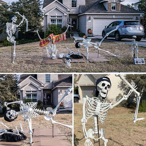 Day 11: Breakdancing Time! Diy Skeleton Decorations Outdoor, Skeleton Themed Halloween Decorations, Skeleton Football Scene, Skeleton Outdoor Decor Ideas, Skeleton Scene Ideas, Skeleton Lawn Ideas, Possible Skeleton Ideas, Poseable Skeleton Ideas Outdoor, Skeleton Yard Display Funny