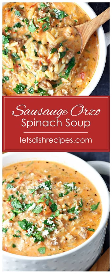 Spinach And Orzo Soup, Italian Spinach Orzo Soup, Sausage Spinach Orzo Soup, Italian Sausage Orzo Soup Recipes, Orzo Fall Recipes, Easy Orzo Soup Recipes, Healthy Orzo Soup, Soup Recipes With Orzo, Spinach And Sausage Soup