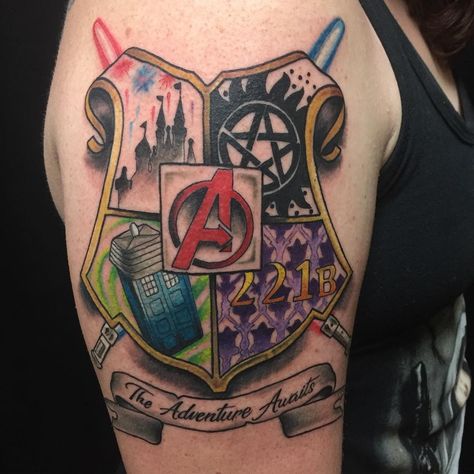 Andrew Hanson on Instagram: “Did this recently. It’s pretty much everything she liked in one tattoo. Thanks for checking out my art! Please comment and like!…” Fandom Tattoo Sleeve, Nerd Tattoos For Women, Nerd Tattoo Ideas, Guardians Of The Galaxy Tattoo, Sherlock Tattoo, Doctor Who Tattoo, Nerd Tattoos, Collage Tattoo, Fandom Tattoos