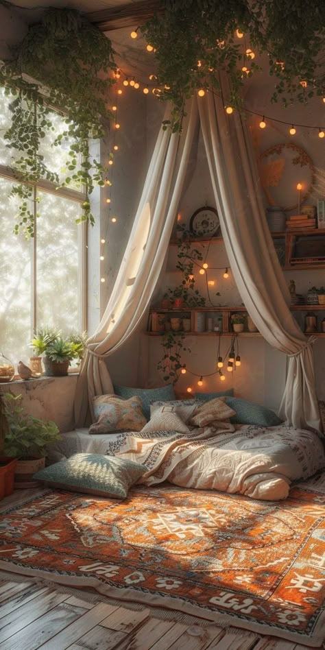 Whimsical Fairy Decor, Bohemian Wall Decor Ideas, Boho Style Bedroom, Boho Chic Bedroom, Bohemian Bedroom Decor, Bedroom Decor Design, Cute Bedroom Decor, Boho Bedroom Decor, Cozy Room Decor