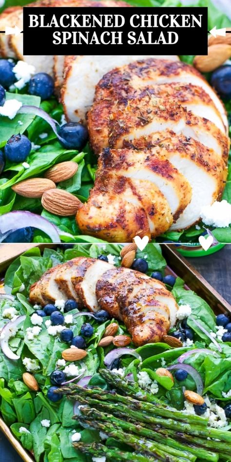 Blackened Chicken Spinach Salad – light, nutritious and delicious, this salad is easy to make and great for lunch/dinner. Chicken And Spinach Salad Recipes, Chicken Spinach Salad, Blueberry Spinach Salad, Spinach Salad With Chicken, Blueberry Salad, Spinach Chicken, Bbq Chicken Breast, Spinach Salad Recipes, Salad With Chicken