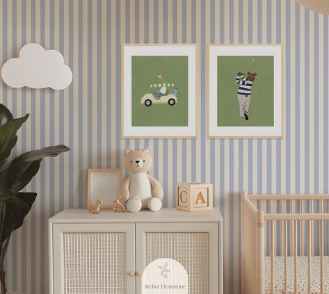 NEW 🌞 An ode the the classics! Our capsule collection just dropped 💫 Stripes stripes stripes and sporty bits. Wallpaper samples will be shipped from September 10th. Take a peek at all the new products on atelierflorentine.com Striped Wallpaper Nursery, Blue Striped Wallpaper, Blue Stripe Wallpaper, Striped Nursery, Wall Stickers Wallpaper, Striped Room, Back Wallpaper, Nursery Room Inspiration, Nursery Inspo