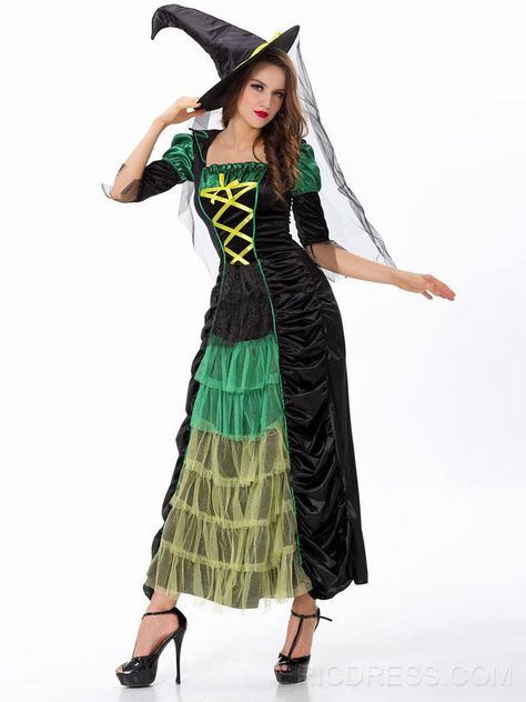 Ericdress Color Block Halloween Witch Costume Halloween Costumes Green Witch Costume, Witch Hairstyles, Witches Costumes For Women, Halloween Knitting, Witch Cosplay, Witch Costumes, Plus Size Costume, Under Your Spell, Knitting Baby