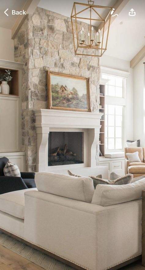 Tall Rock Fireplace Wall High Ceilings, Whitewashing Stone Fireplace, English Living Room Modern, Stone Fireplace With Mantel, Stone Fireplace With Hearth, Half Stone Fireplace, Tall Stone Fireplace, Barn Fireplace, Large Stone Fireplace