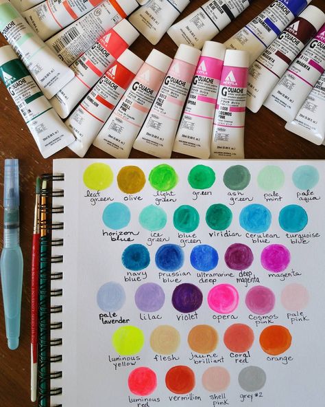 Oh my gouache! (Sorry for the cheesy pun. 😆 It's one of my favorites though, and I just couldn't resist! Lol) Test swatches for some new colors of acryla gouache I recently ordered. And because I can't stand wasting any paint, my next post shows what I did with the extra bits of paint on my brush after I painted each swatch. . . . #holbein #holbeinacrylagouache #acrylagouache #gouache #watercolor #watercolour #showyourwork  #colorpalette #colorchart #colorswatch #colorinspiration #colorpop #col Gouache Color Palette, Gouache Swatches, Watercolor Swatches, Acryla Gouache, Cheesy Puns, Gouache Color, Art Media, Doodle Inspiration, Artistic Inspiration