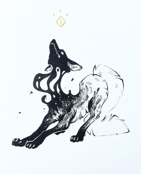 Sketches Of Foxes, Wolf Ink Illustration, Wolf Ink Art, Ink Creature Art, Dark Animal Drawings, Goth Cottage Core Tattoo, Faunwood Tattoo, Therian Tattoo Ideas, Creepy Fox Tattoo